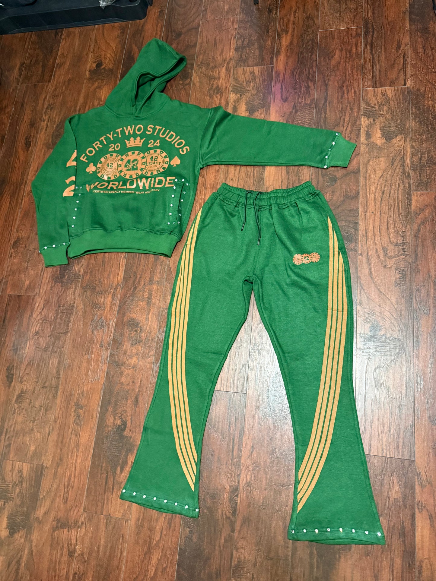 Green / Tan Rhinestone Hoodie Set