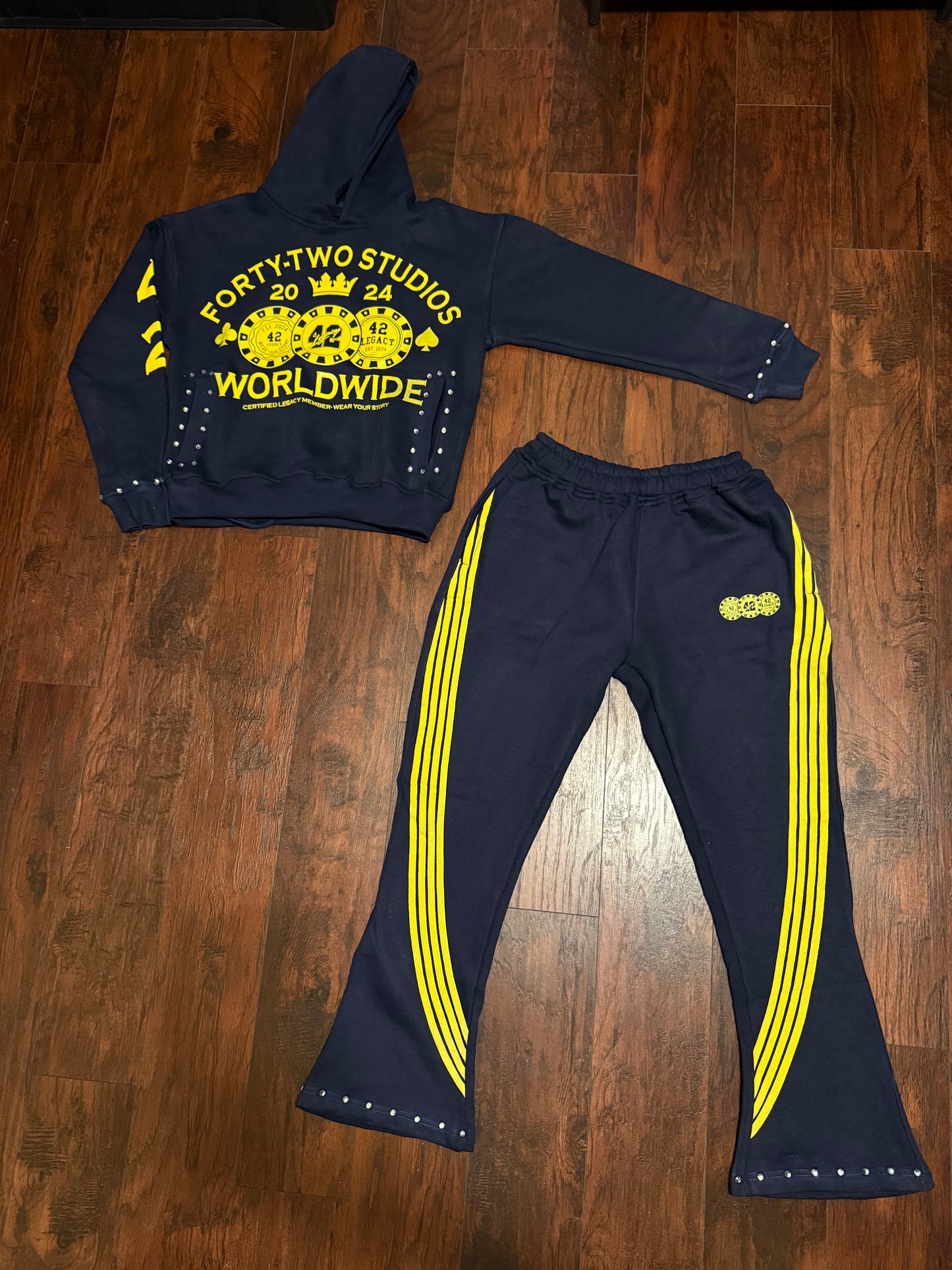Navy Blue / Yellow Rhinestone Hoodie Set