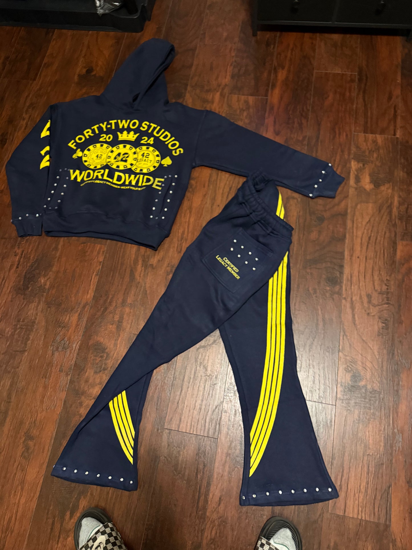 Navy Blue / Yellow Rhinestone Hoodie Set
