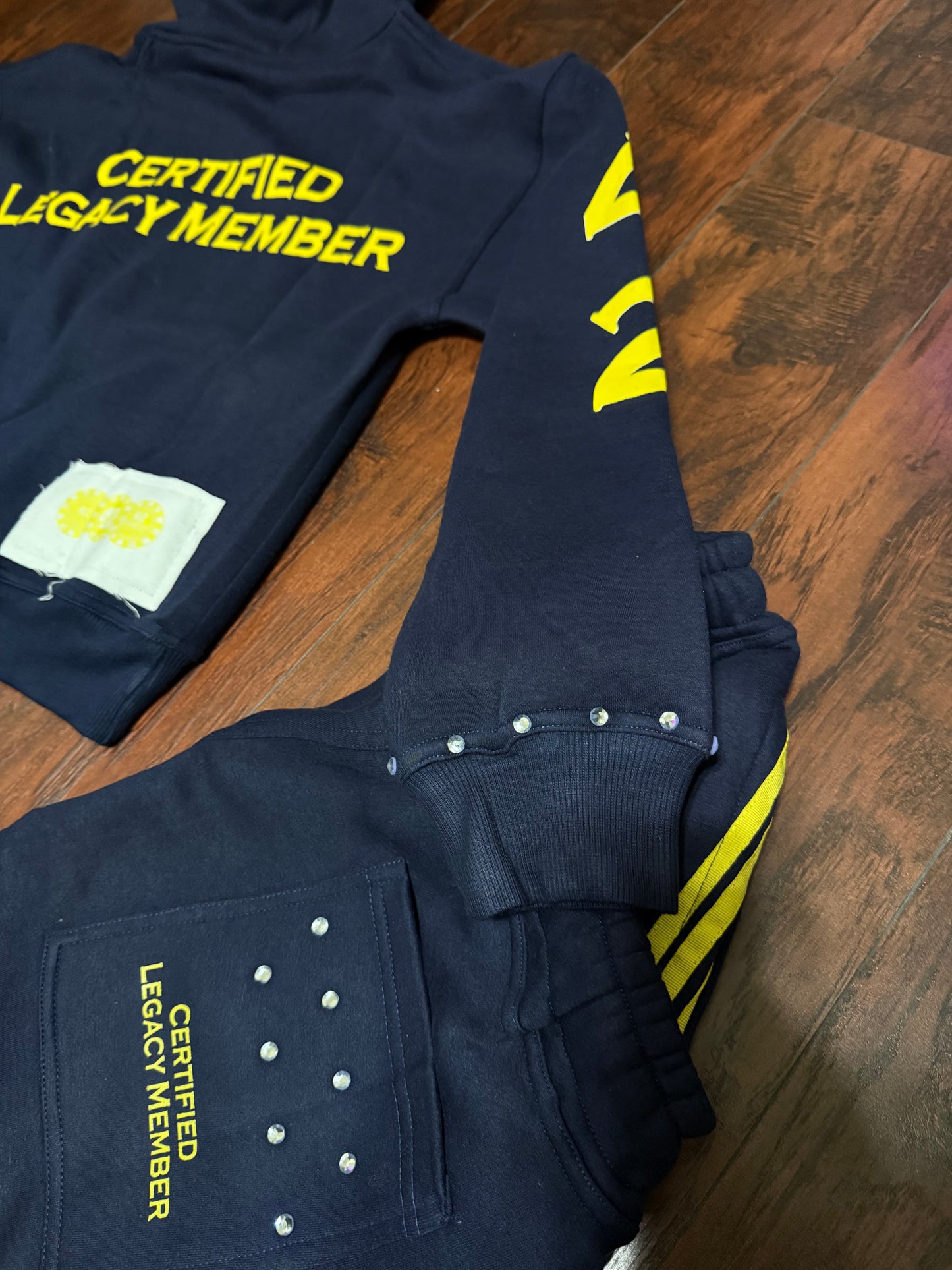 Navy Blue / Yellow Rhinestone Hoodie Set